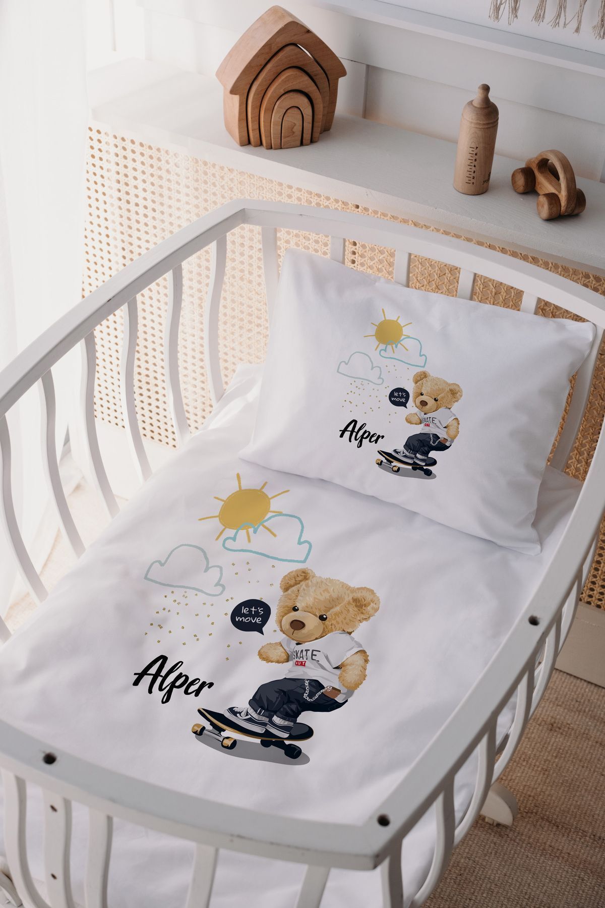 %100 Pamuk Saten Anne Yani Beşik Nevresim Takımı Ayıcık