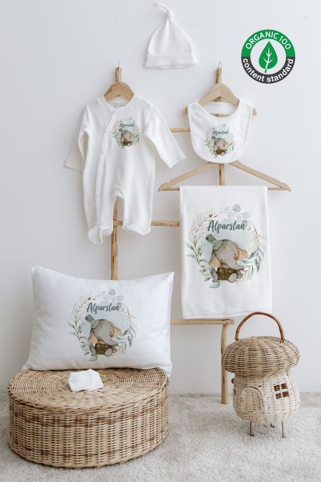 %100 Organik İsme Özel 6lı Hastane Çıkışı Tulum Set Şapkalı Fil