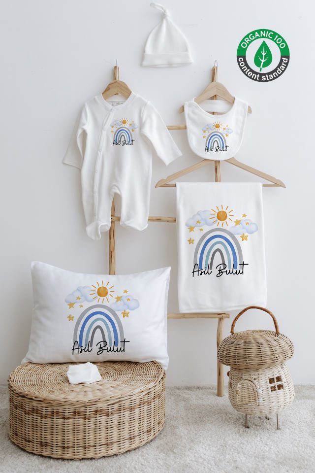 %100 Organik İsme Özel 6lı Hastane Çıkışı Tulum Set Mavi Gökkuşağı