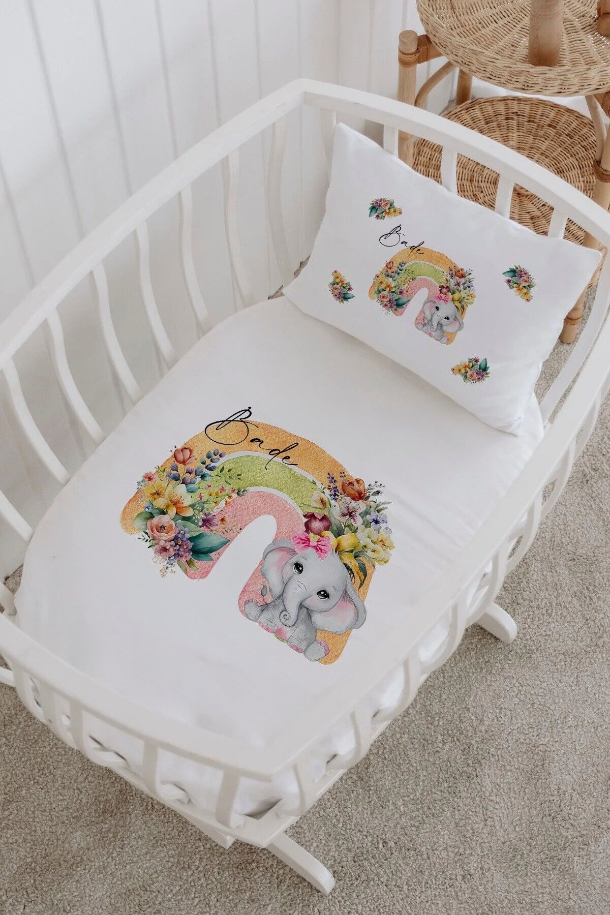 İsme Özel %100 Pamuk Park Yatak Çarşaf Seti  Çiçekli Fil