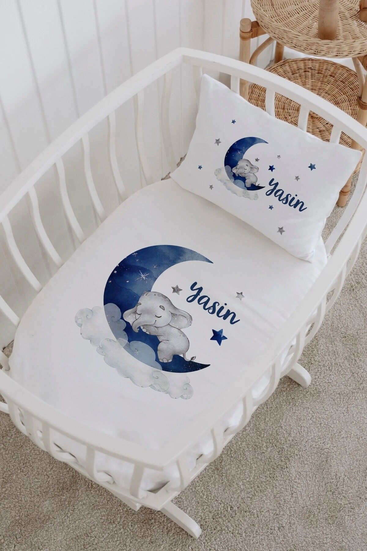 İsme Özel %100 Pamuk Park Yatak Çarşaf Seti  Mavi Fil