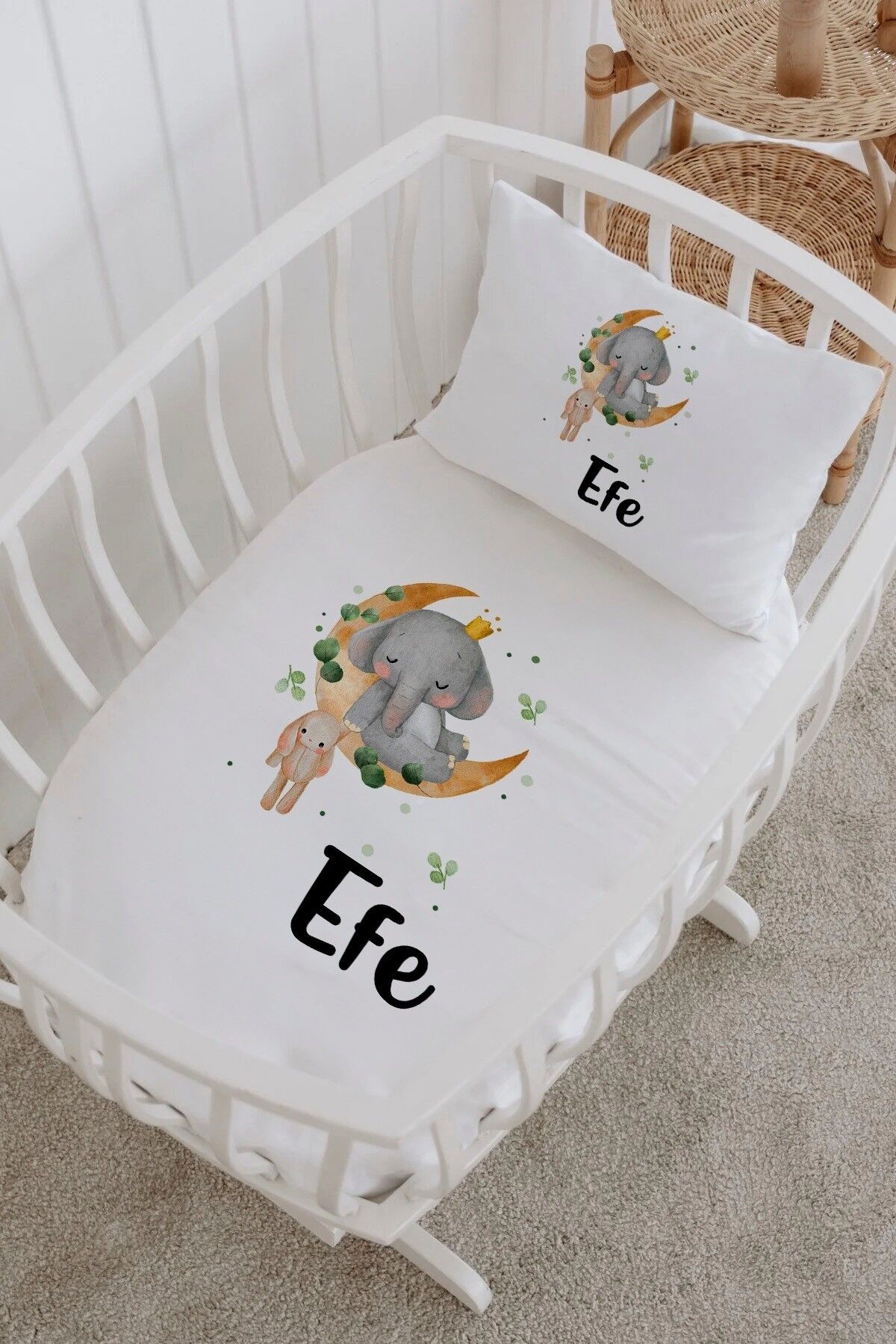 İsme Özel %100 Pamuk Park Yatak Çarşaf Seti  Uykucu Fil
