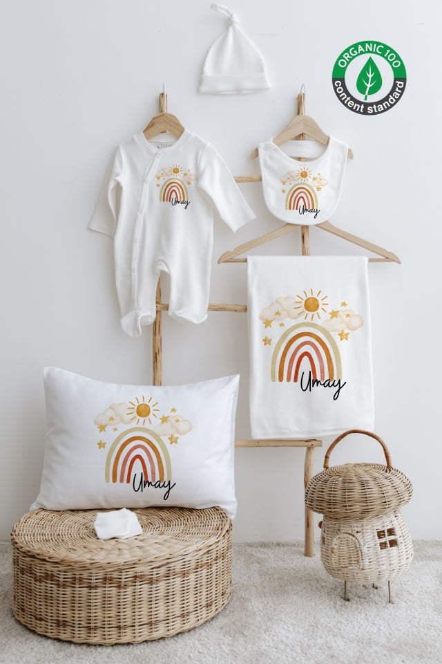 %100 Organik İsme Özel 6lı Hastane Çıkışı Tulum Set Gökkuşağı