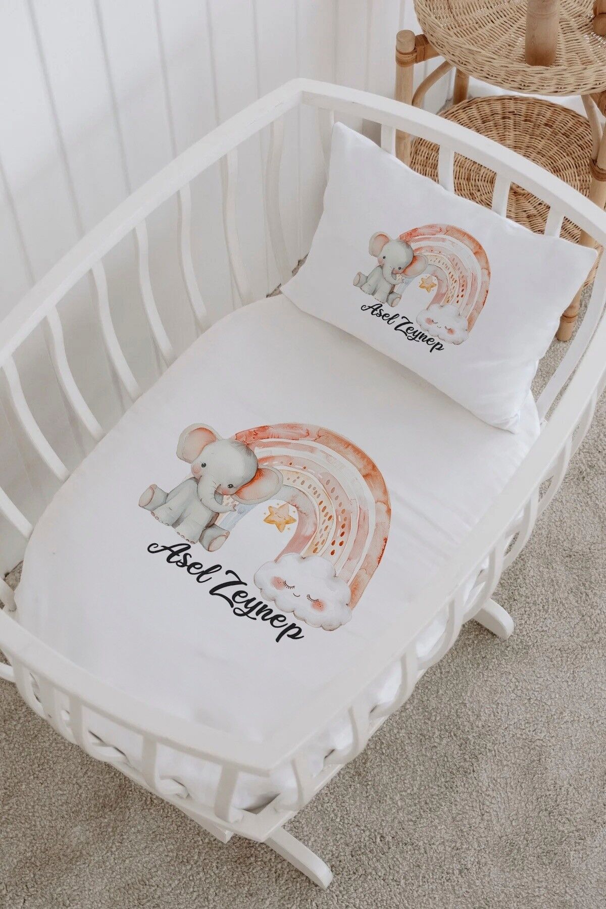 İsme Özel %100 Pamuk Park Yatak Çarşaf Seti  Gökkuşağı Fil