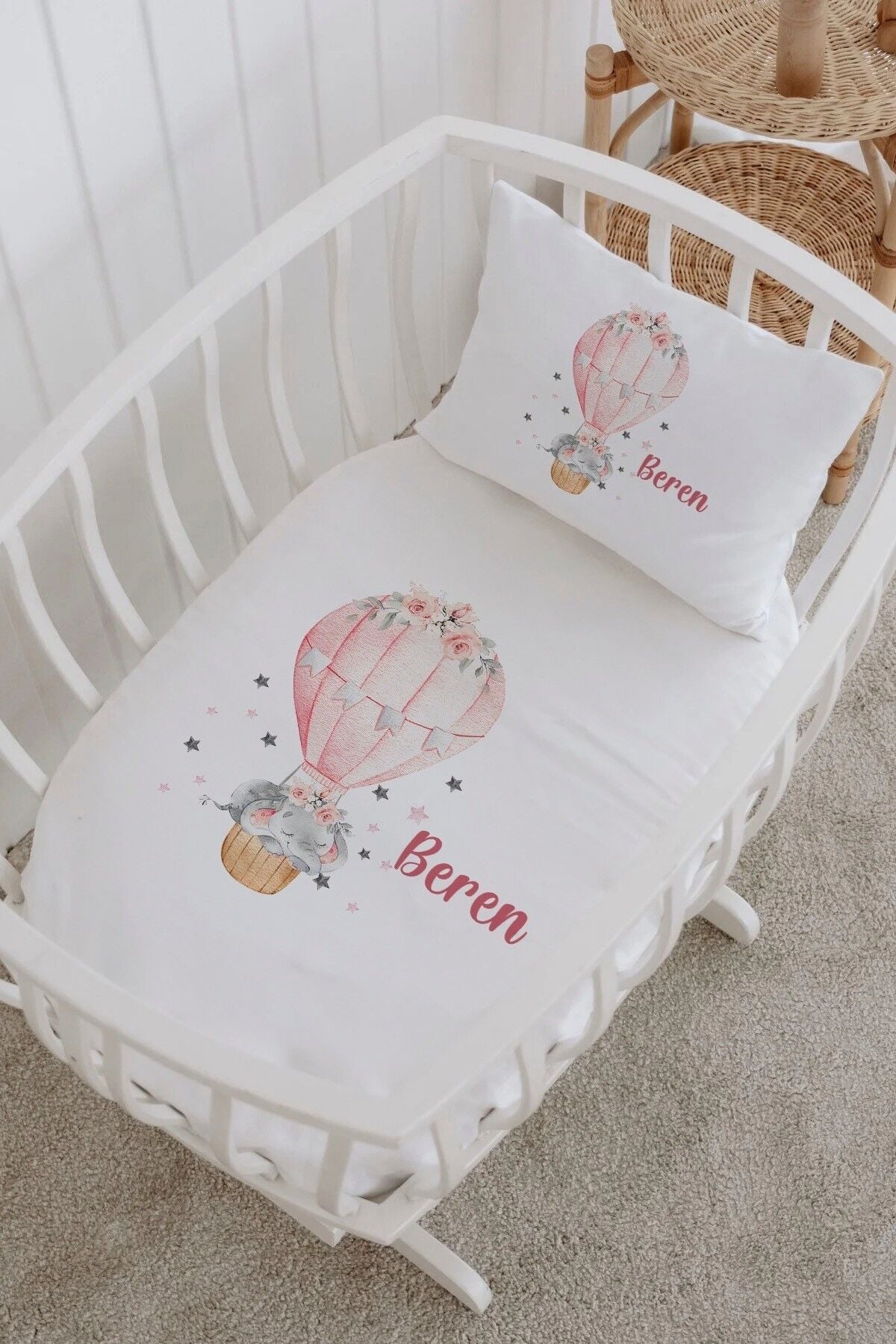 İsme Özel %100 Pamuk Park Yatak Çarşaf Seti  Pembe Balonlu Fil