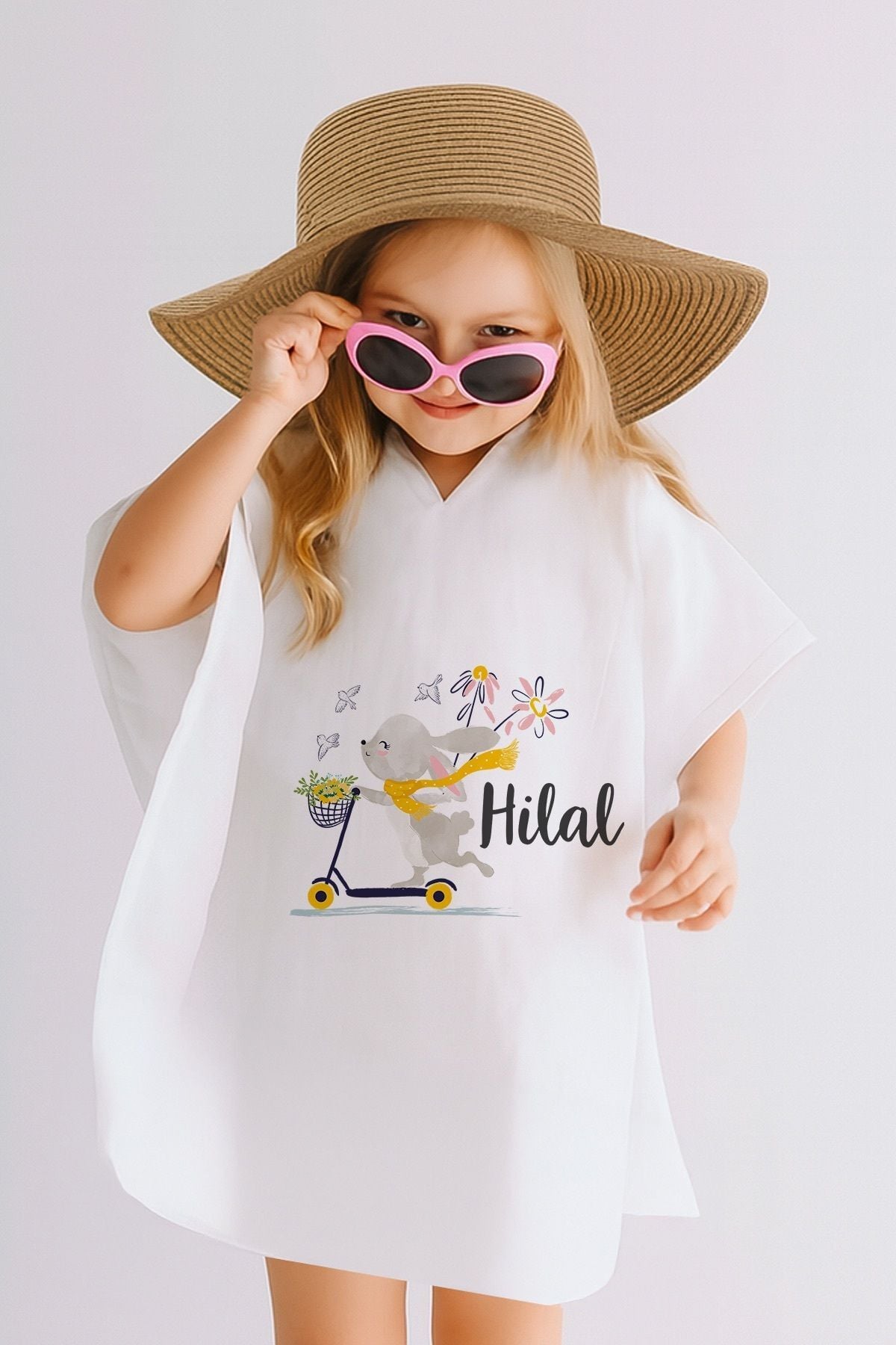 %100 Pamuk Müslin Kapüşonlu Bebek Çocuk Panço Bornoz Tavşan