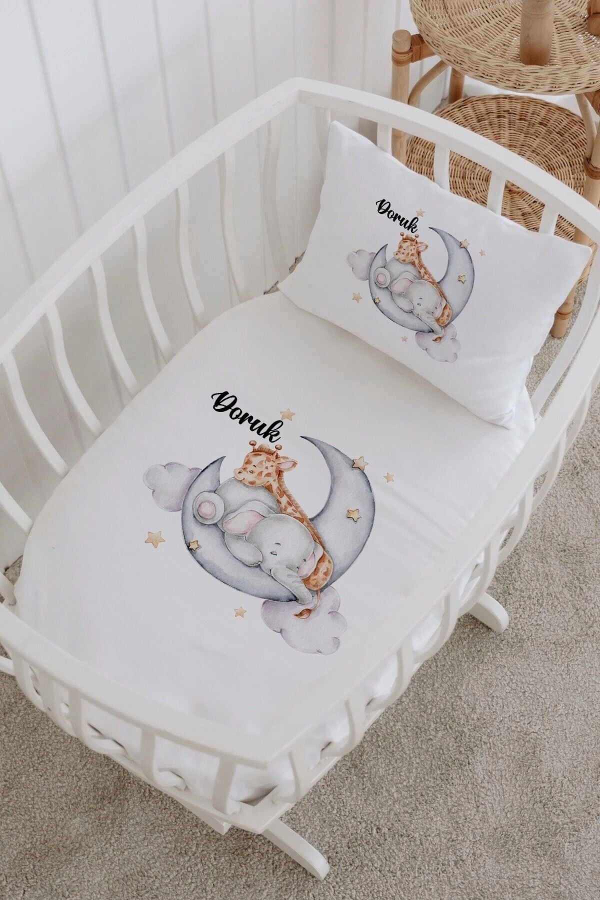 İsme Özel %100 Pamuk Park Yatak Çarşaf Seti  Fil Zürafa
