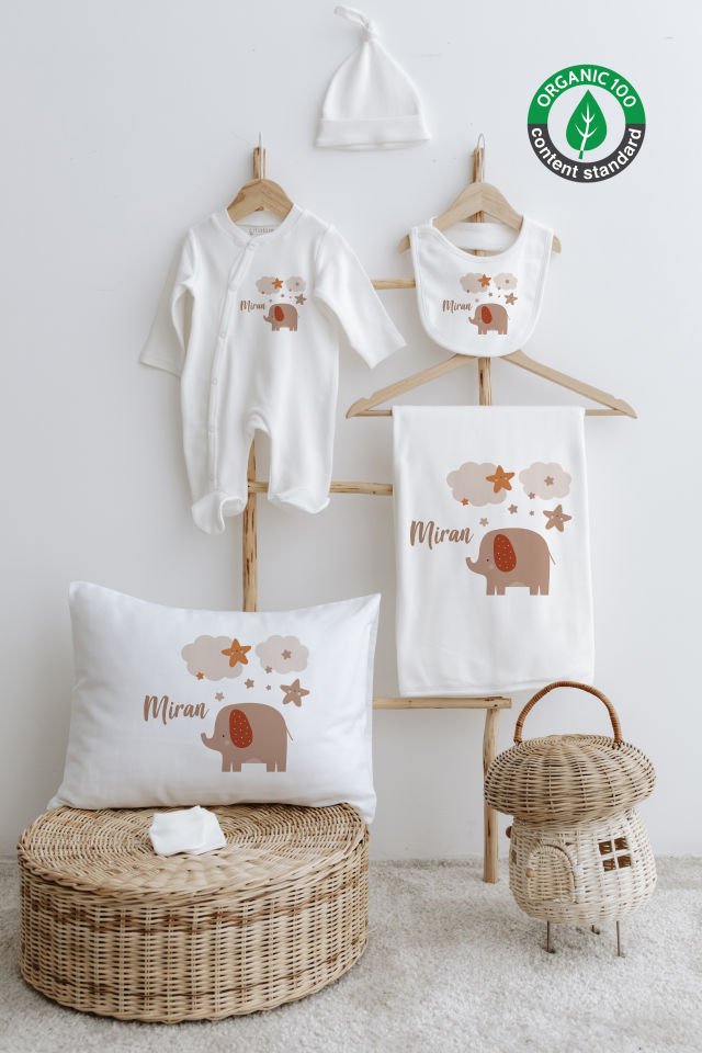 %100 Organik İsme Özel 6lı Hastane Çıkışı Tulum Set Fil