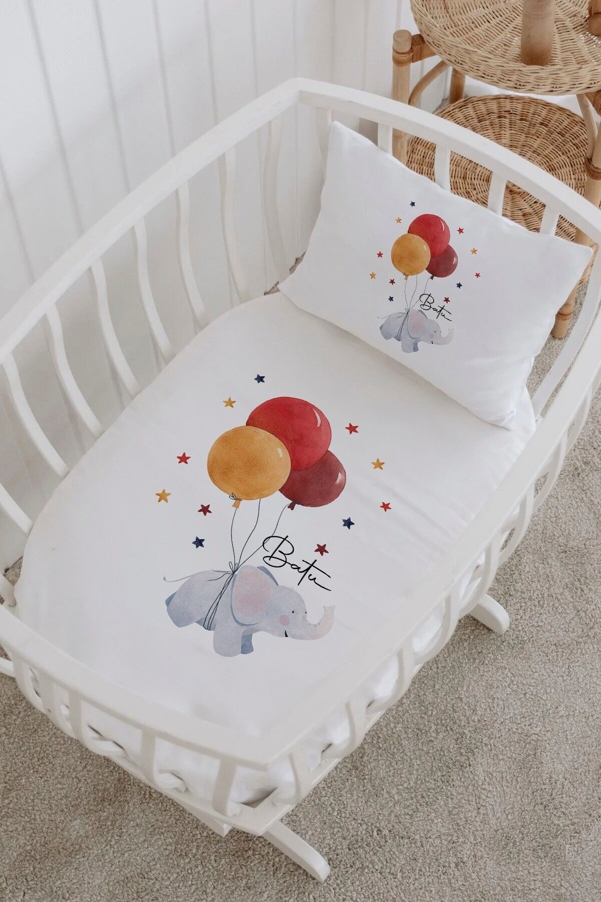 İsme Özel %100 Pamuk Park Yatak Çarşaf Seti  Balonlu Fil