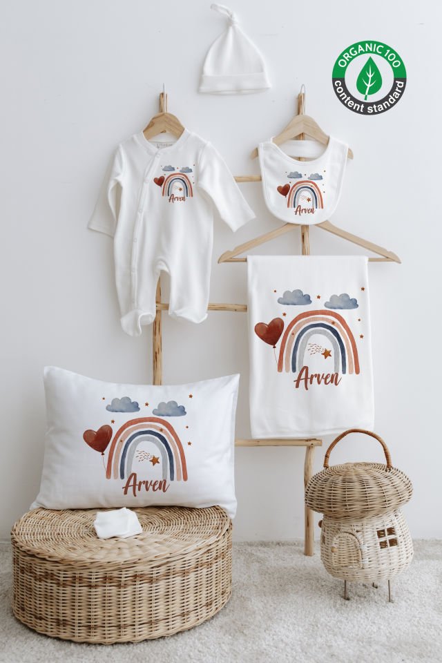 %100 Organik Isme Özel 6lı Hastane Çıkışı Tulum Set Gökkuşağı