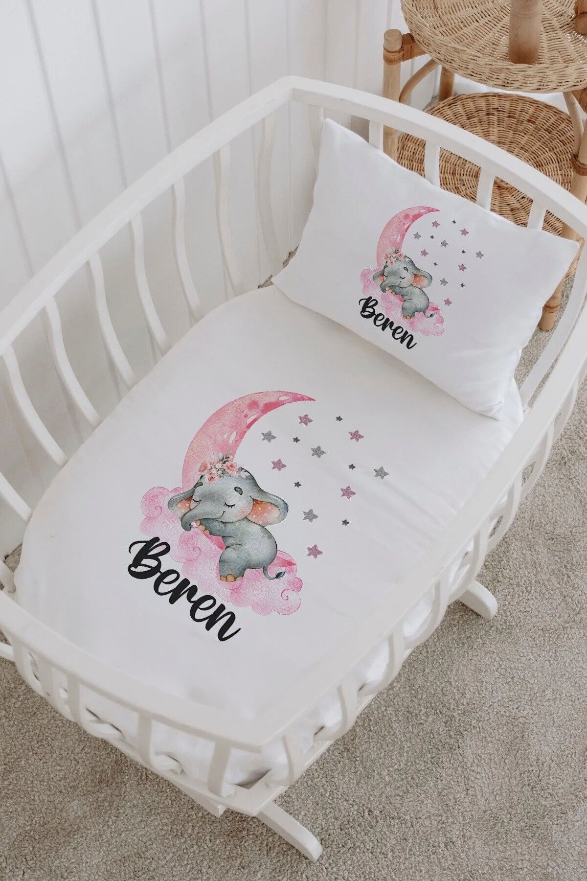 İsme Özel %100 Pamuk Park Yatak Çarşaf Seti  Pembe Fil