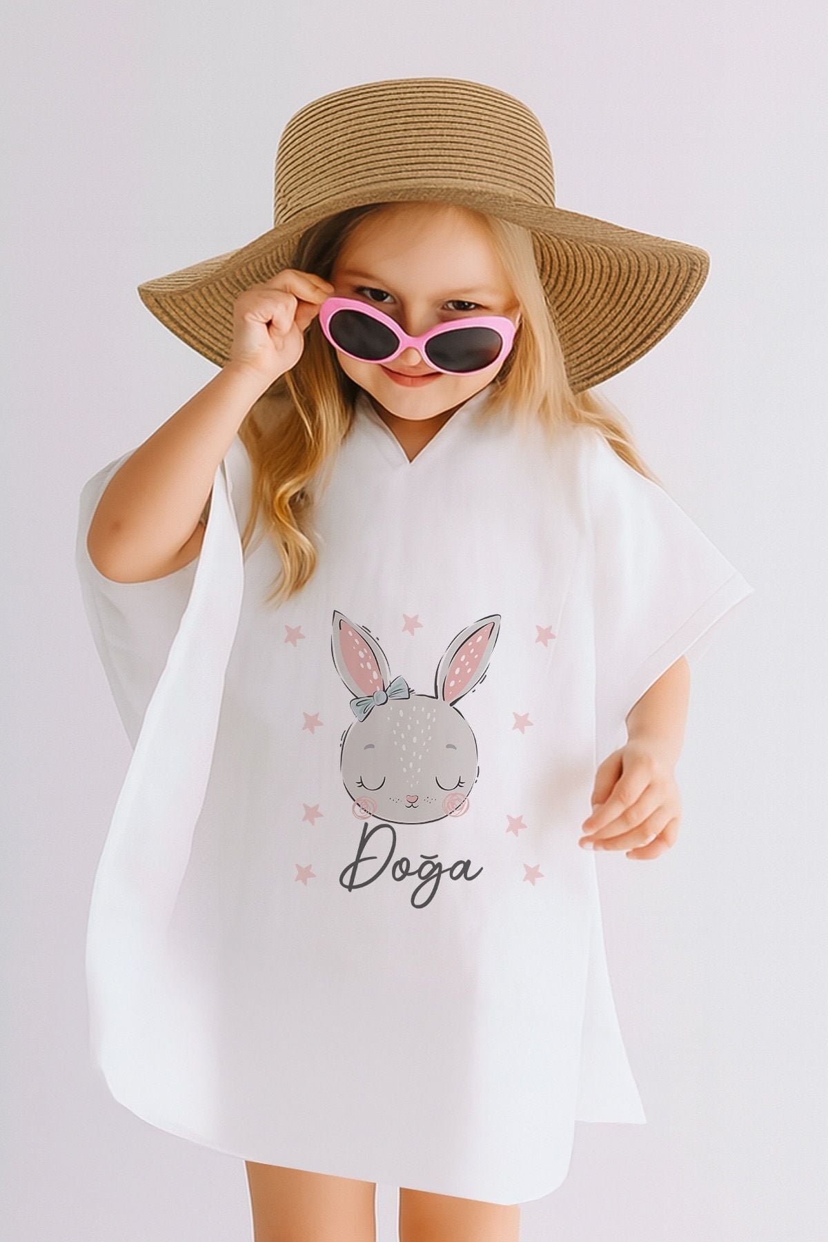 %100 Pamuk Müslin Kapüşonlu Bebek Çocuk Panço Bornoz Tavşan