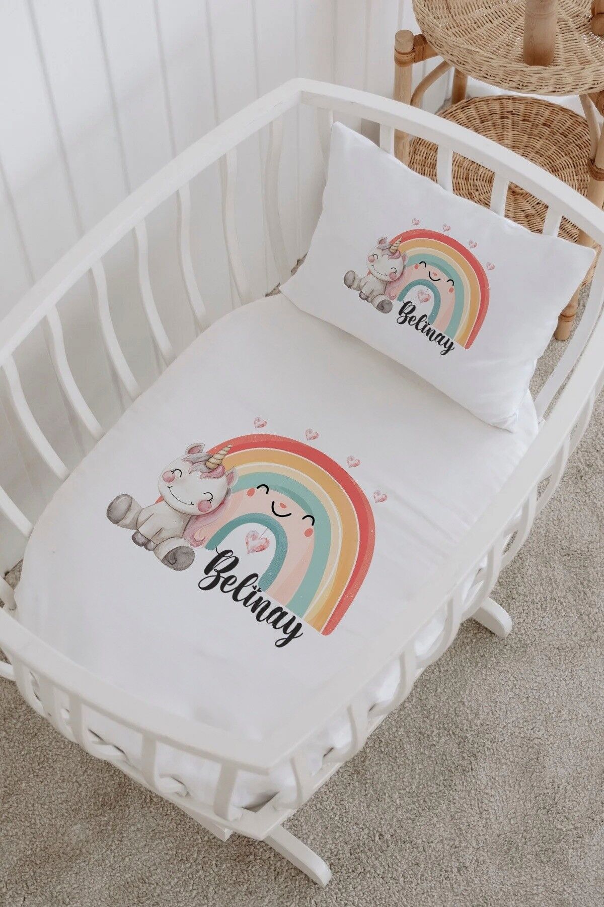 İsme Özel %100 Pamuk Park Yatak Çarşaf Seti  Minnie Unicorn