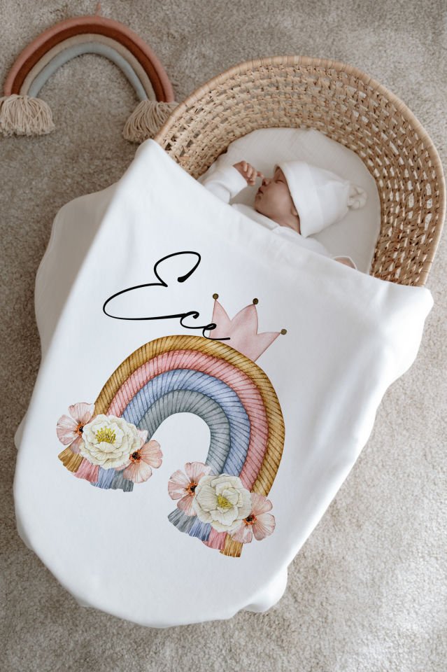 %100 Organik İsme Özel 6lı Hastane Çıkışı Tulum Set Gökkuşağı