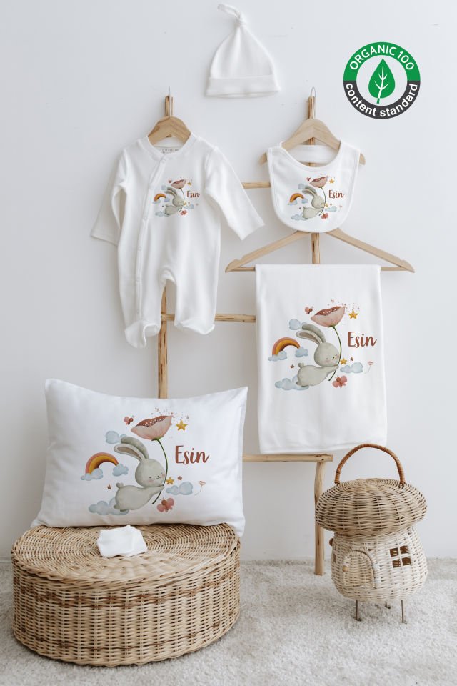 %100 Organik İsme Özel 5li Hastane Çıkışı Tulum Set Tavşan
