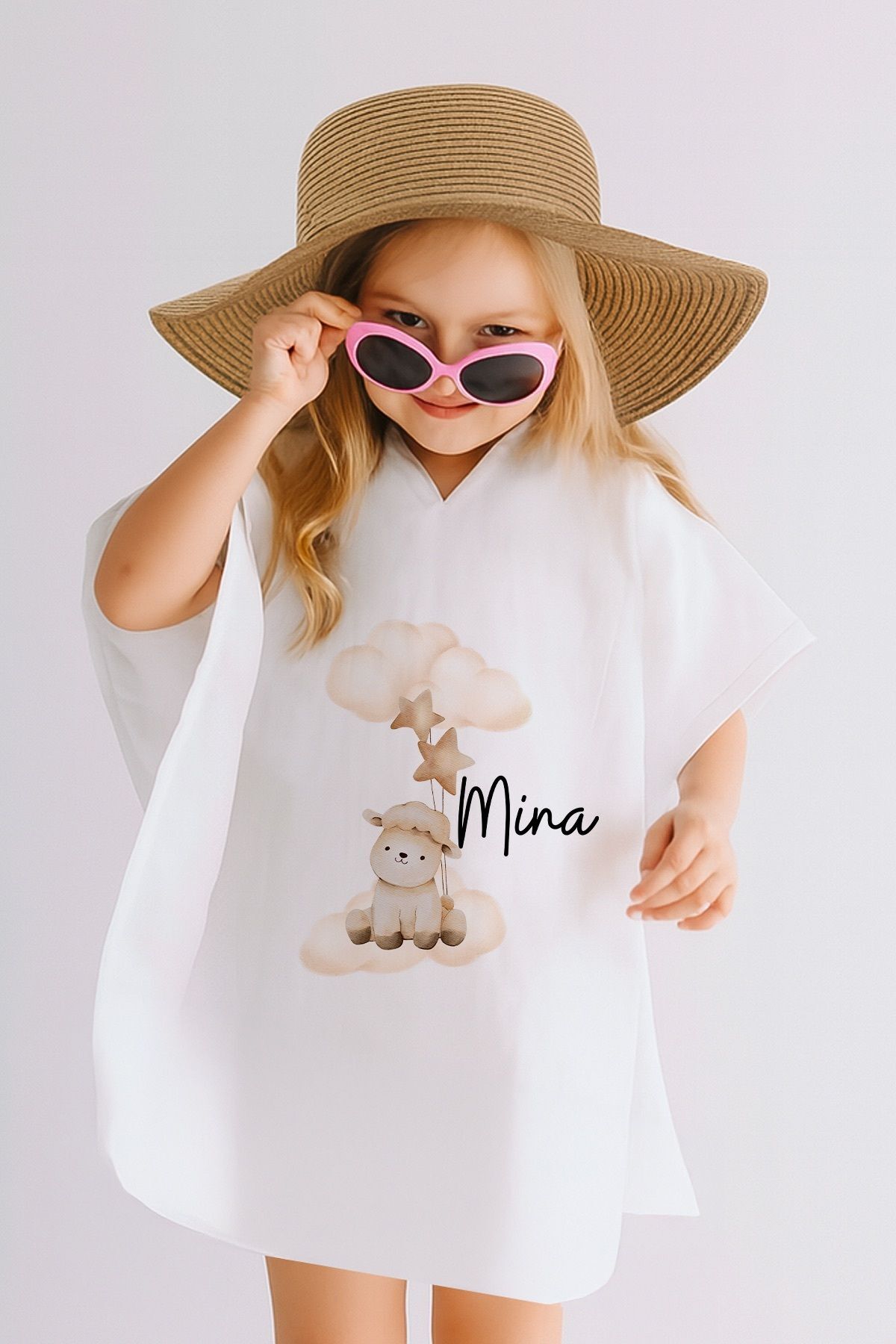 %100 Pamuk Müslin Kapüşonlu Bebek Çocuk Panço Bornoz Kuzu