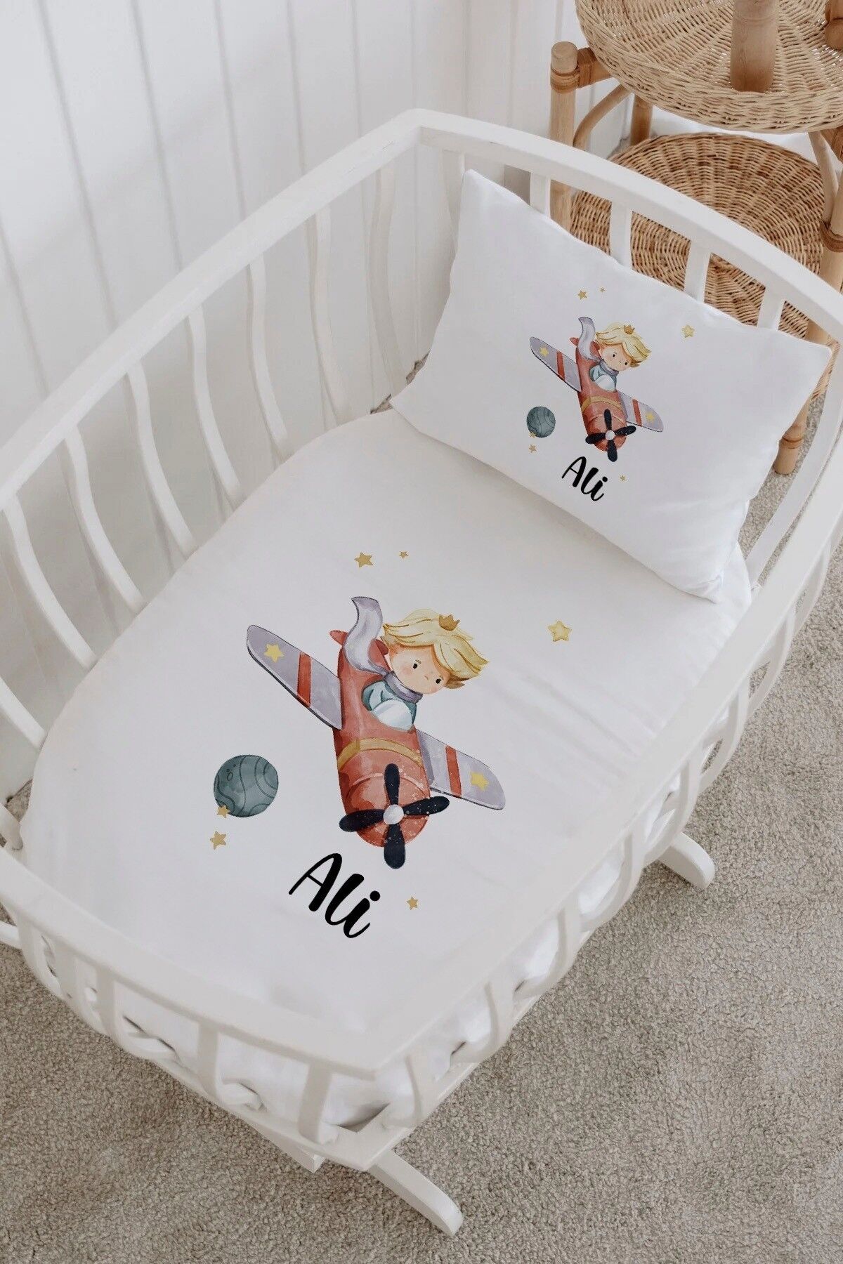 İsme Özel %100 Pamuk Park Yatak Çarşaf Seti  Pilot Küçük Prens