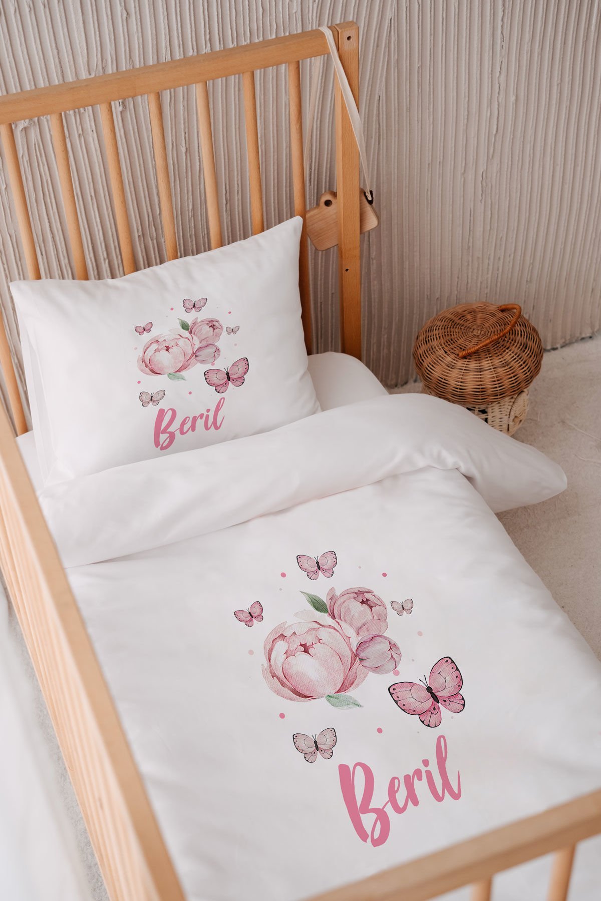 %100 Pamuk Saten İsme Özel 100x150 Bebek Yatak Nevresim Seti Çiçek