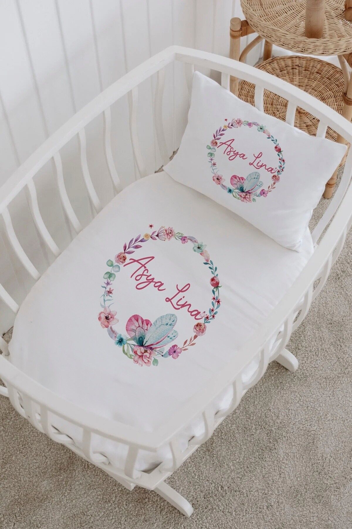 İsme Özel %100 Pamuk Park Yatak Çarşaf Seti  Çiçek Kelebek