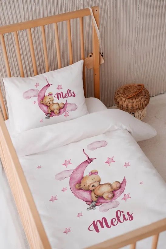 %100 Pamuk Saten İsme Özel 100x150 Bebek Yatak Nevresim Seti Ayıcık