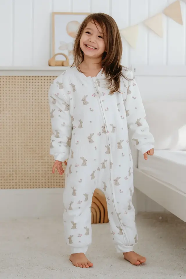 Kız Erkek Çocuk 1,5 Tog Pamuklu Desenli Uyku Tulumu Tavşan