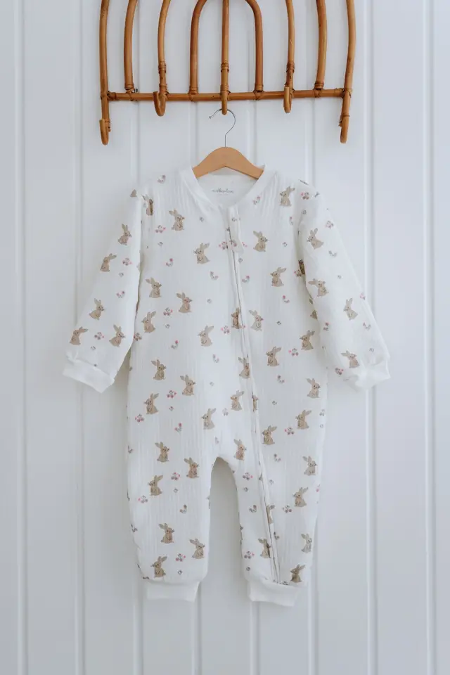Kız Erkek Çocuk 1,5 Tog Pamuklu Desenli Uyku Tulumu Tavşan