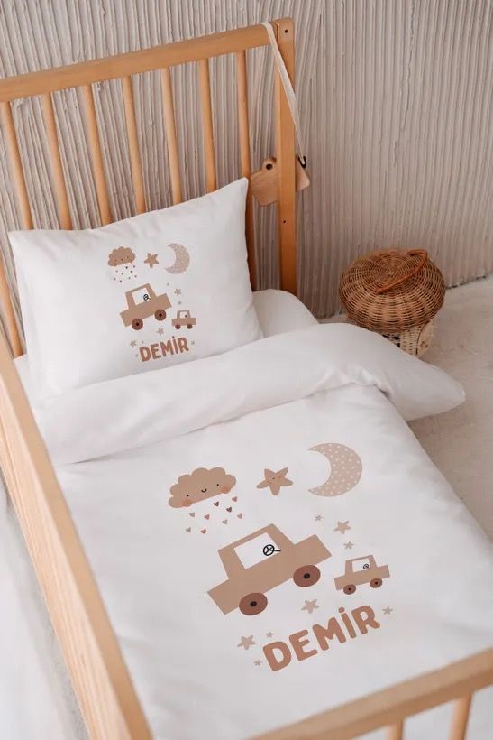 İsme Özel 100x150 Bebek Yatak Nevresim Seti Araba