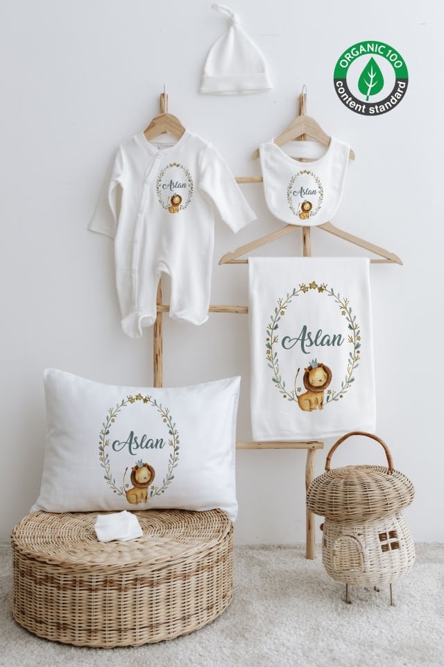 %100 Organik İsme Özel 6lı Hastane Çıkışı Tulum Set Aslan