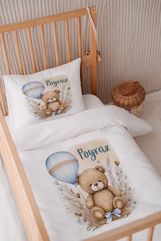 %100 Pamuk Saten İsme Özel 100x150 Bebek Yatak Nevresim Seti Ayıcık