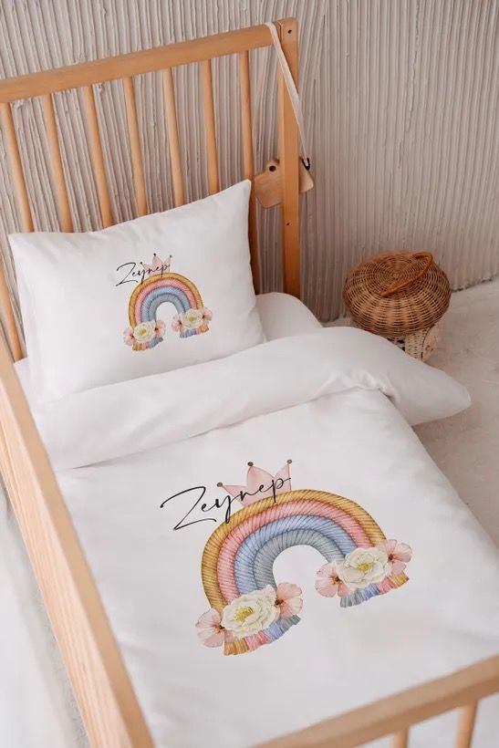 İsme Özel 100x150 Bebek Yatak Nevresim Seti  Gökkuşağı