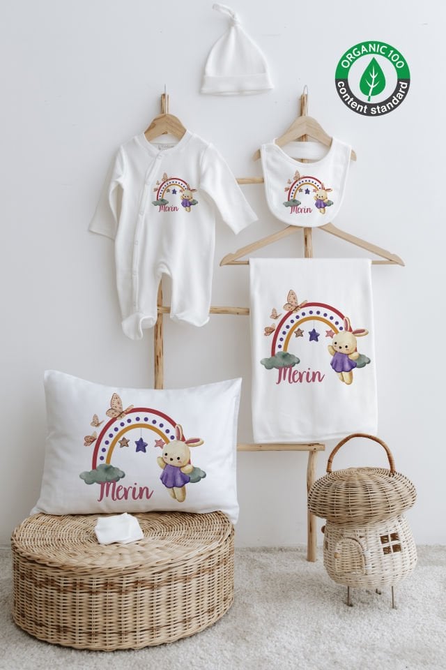 %100 Organik İsme Özel 6lı Hastane Çıkışı Tulum Set Tavşan