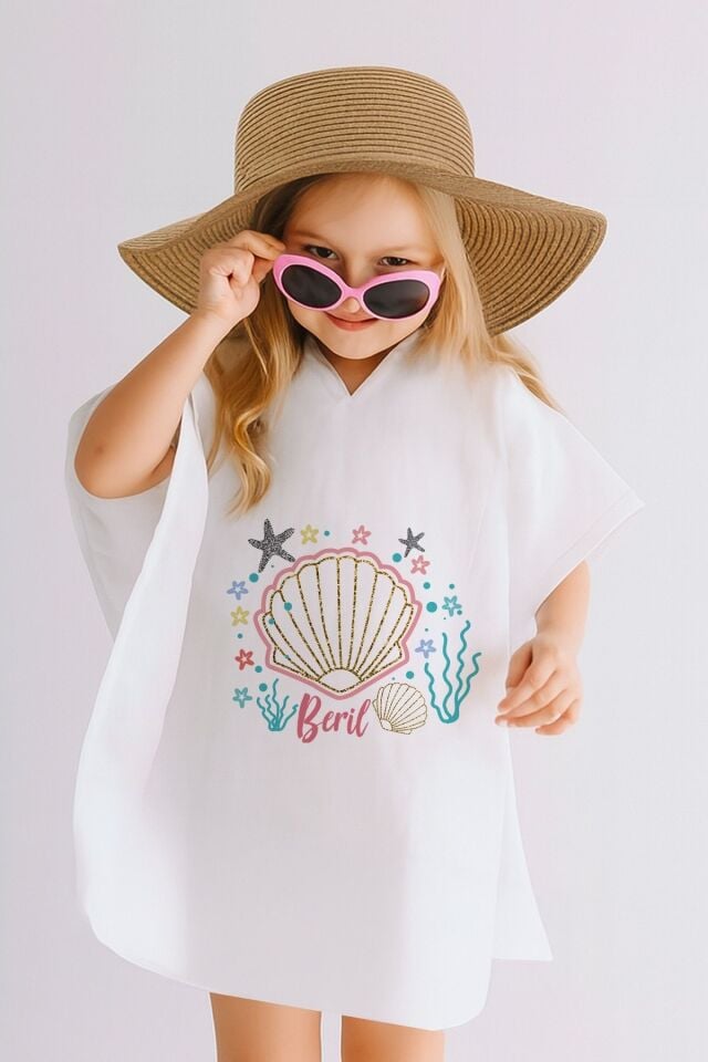 %100 Pamuk Müslin Kapüşonlu Bebek Çocuk Panço Bornoz Deniz Kabuğu