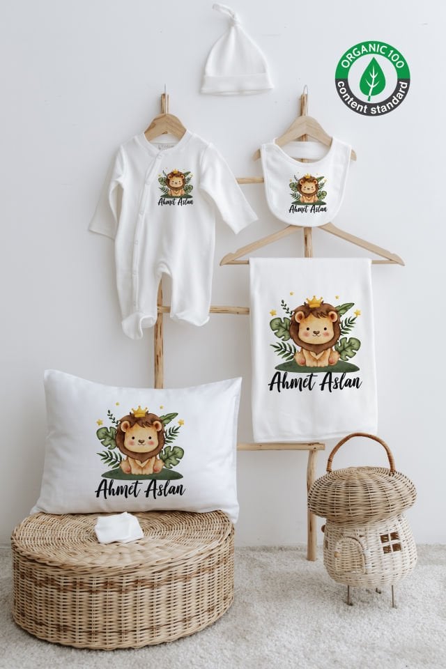 %100 Organik İsme Özel 6lı Hastane Çıkışı Tulum Set Aslan