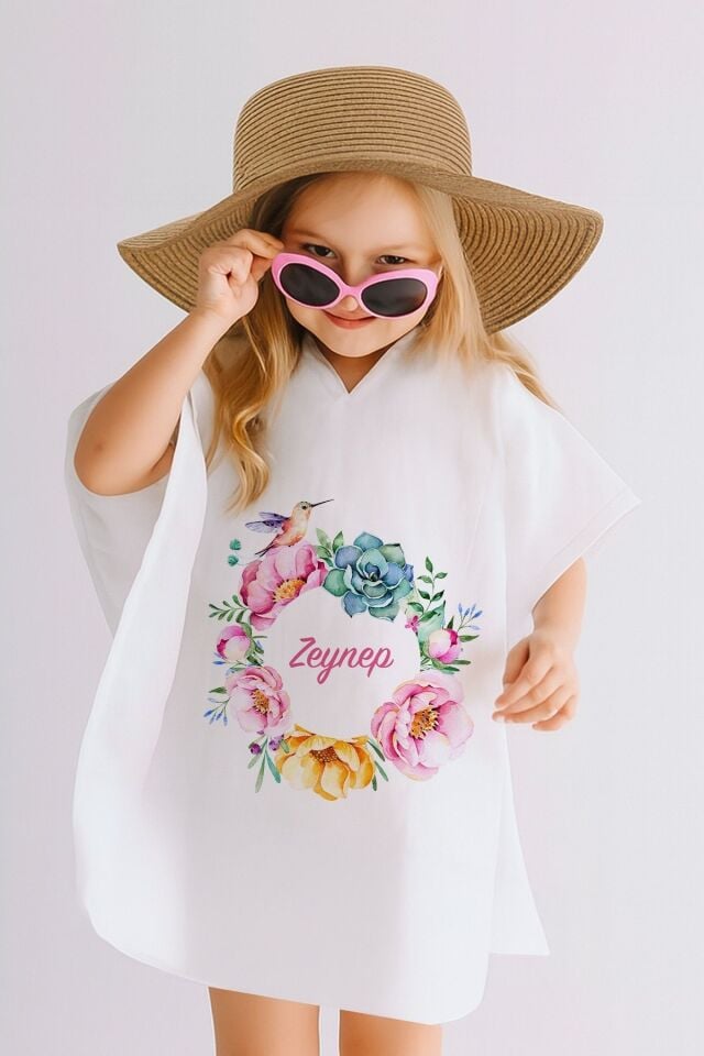 %100 Pamuk Müslin Kapüşonlu Bebek Çocuk Panço Bornoz Çiçek Çember