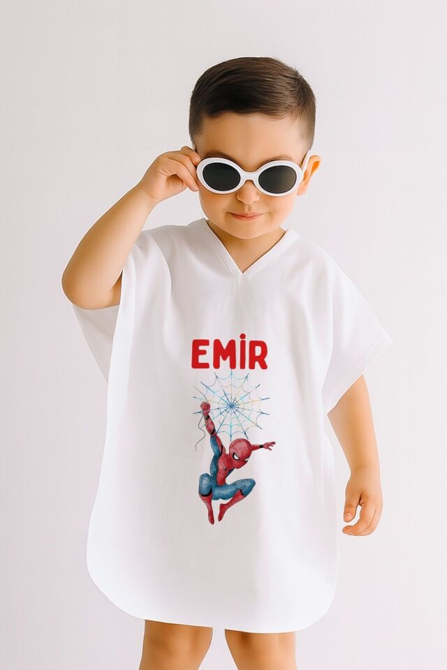 %100 Pamuk Müslin Kapüşonlu Bebek Çocuk Panço Bornoz Örümcek Adam 3-4 Yaş - Krem