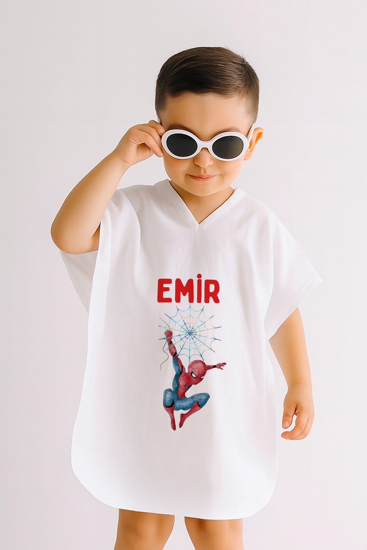%100 Pamuk Müslin Kapüşonlu Bebek Çocuk Panço Bornoz Örümcek Adam 1-2 Yaş - Krem