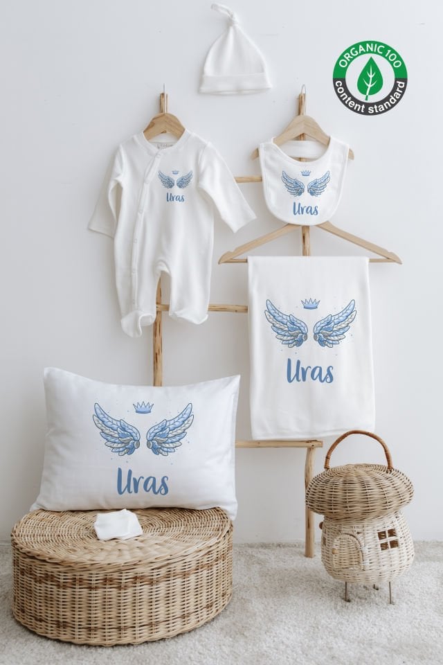 %100 Organik İsme Özel 6lı Hastane Çıkışı Tulum Set Mavi Kanat