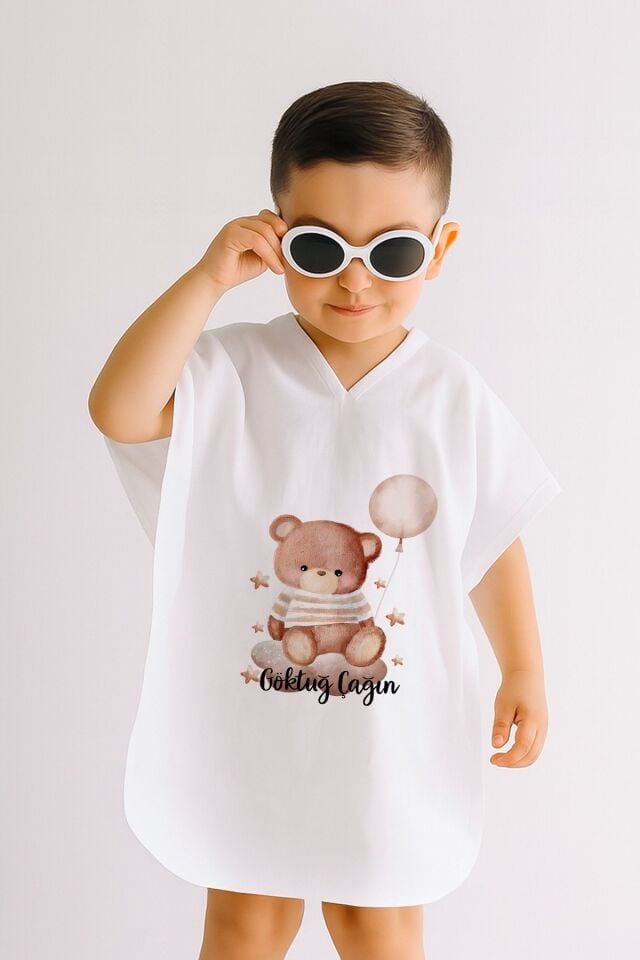 %100 Pamuk Müslin Kapüşonlu Bebek Çocuk Panço Bornoz Ayıcık