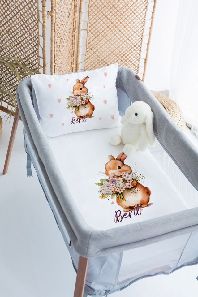 %100 Delux Pamuk İsme Özel 70x120 Park Yatak Nevresim Takımı Tavşan