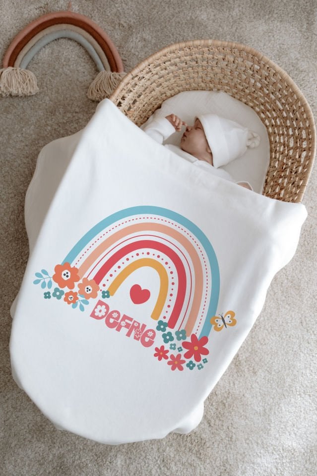 %100 Organik İsme Özel 6lı Hastane Çıkışı Tulum Set Gökkuşağı
