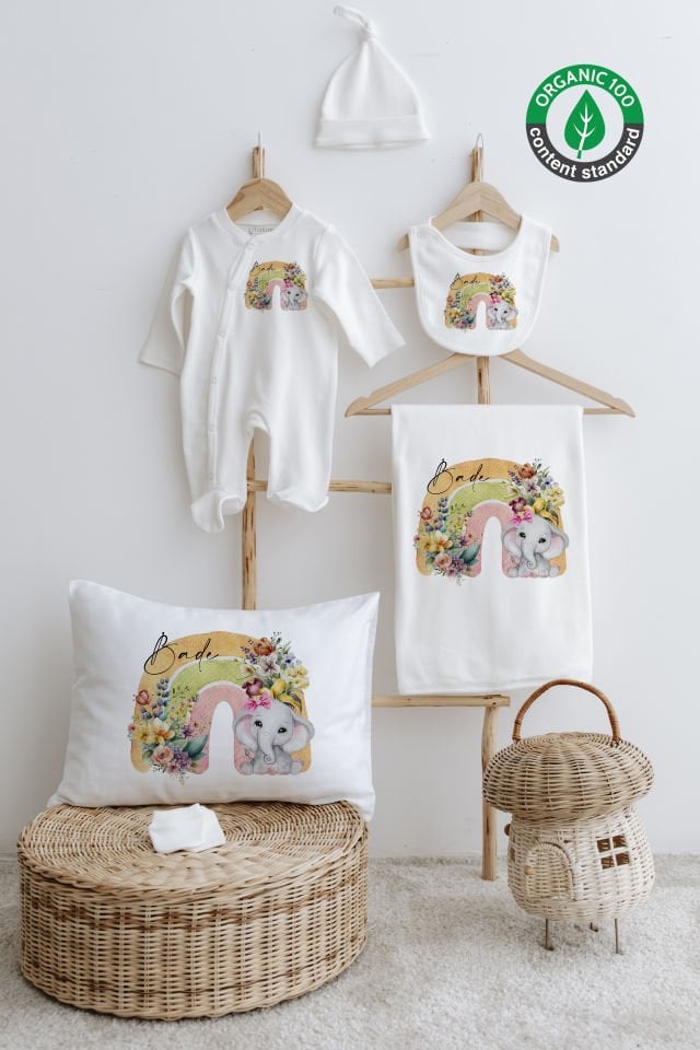 %100 Organik İsme Özel 6lı Hastane Çıkışı Tulum Set Fil