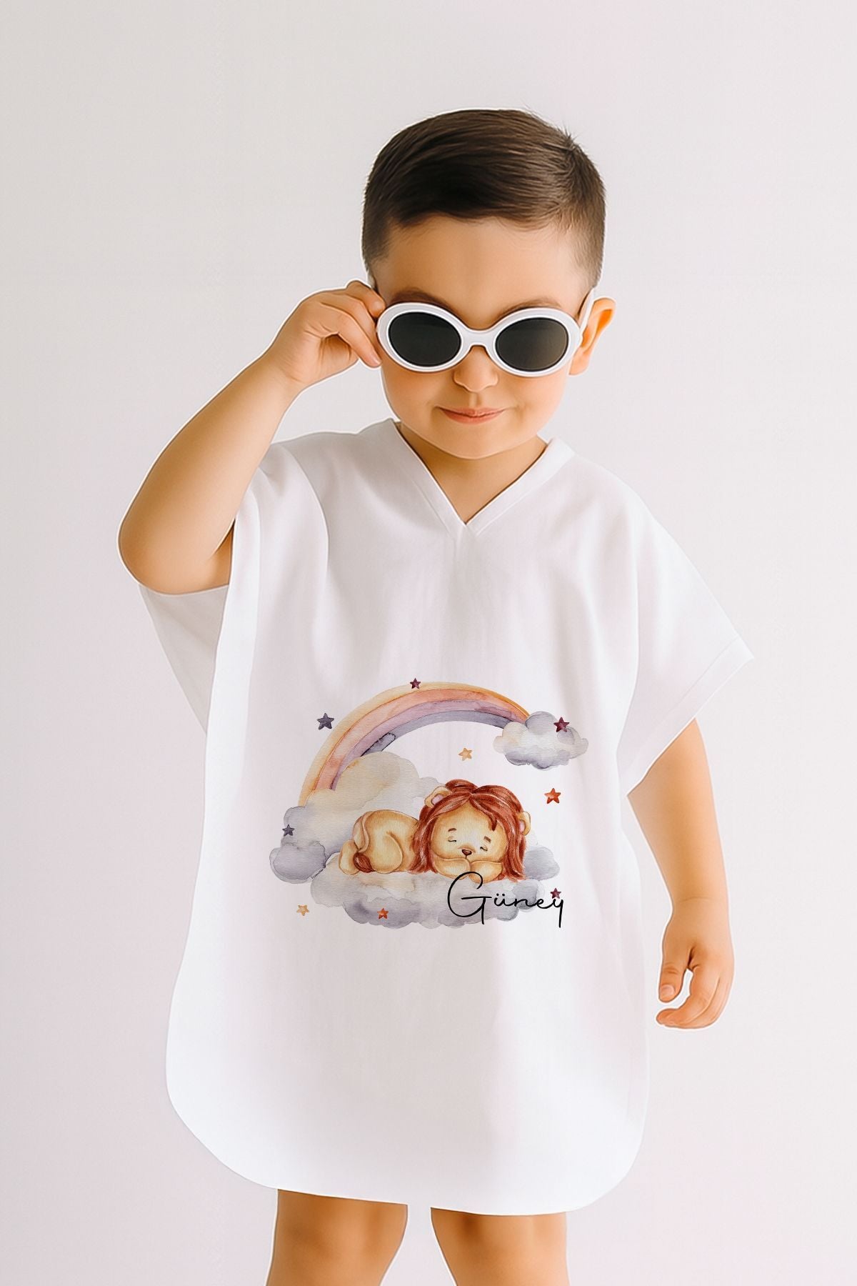 %100 Pamuk Müslin Kapüşonlu Bebek Çocuk Panço Bornoz Aslan