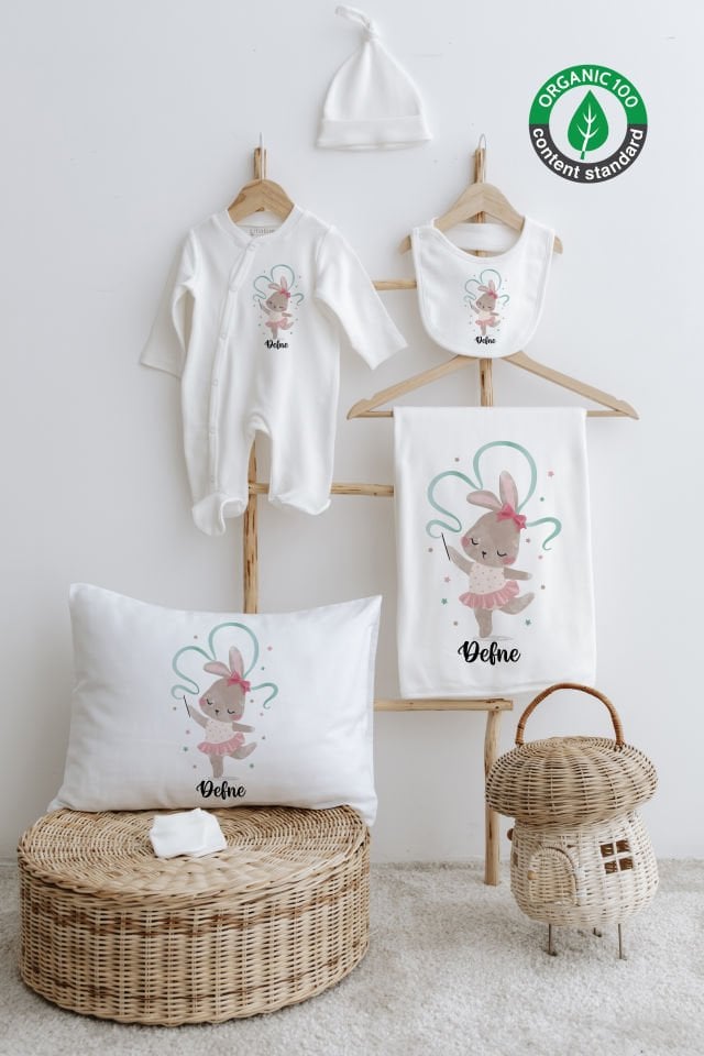 %100 Organik İsme Özel 6lı Hastane Çıkışı Tulum Set Tavşan