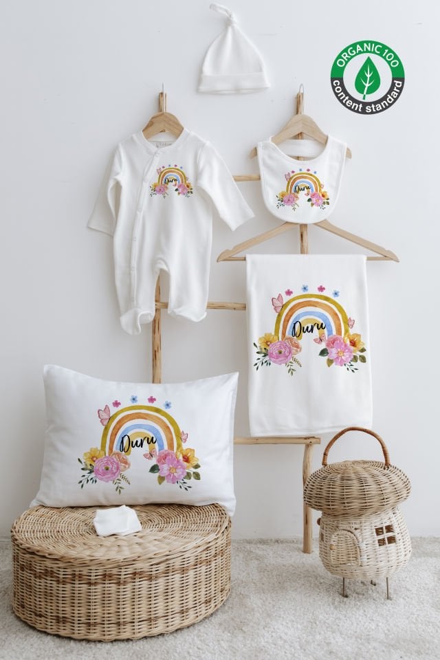 %100 Organik İsme Özel 6lı Hastane Çıkışı Tulum Set Gökkuşağı