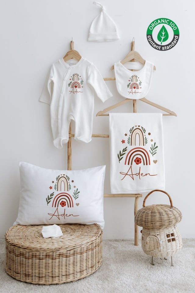 %100 Organik İsme Özel 6lı Hastane Çıkışı Tulum Set Gökkuşağı