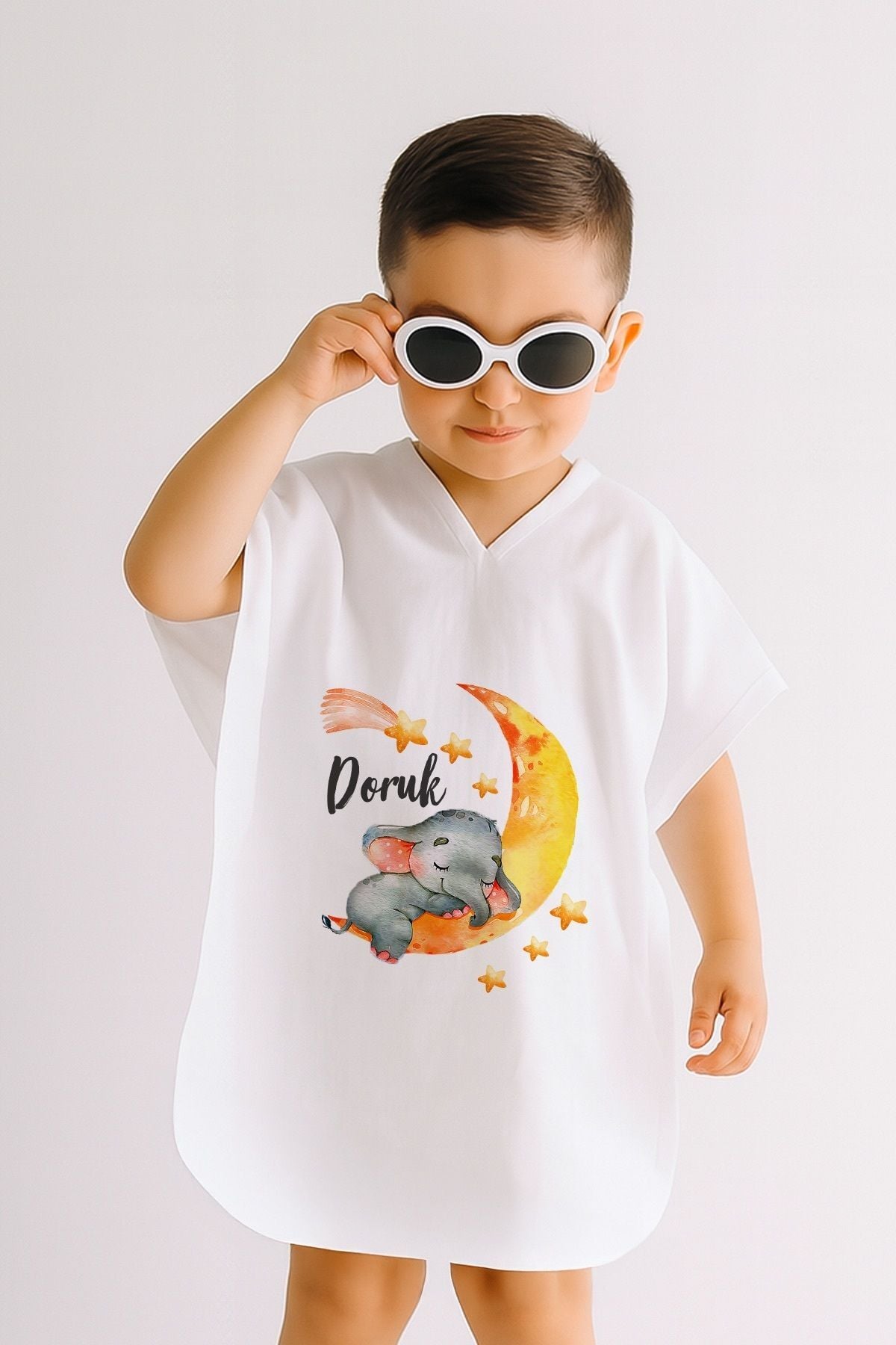 %100 Pamuk Müslin Kapüşonlu Bebek Çocuk Panço Bornoz Fil