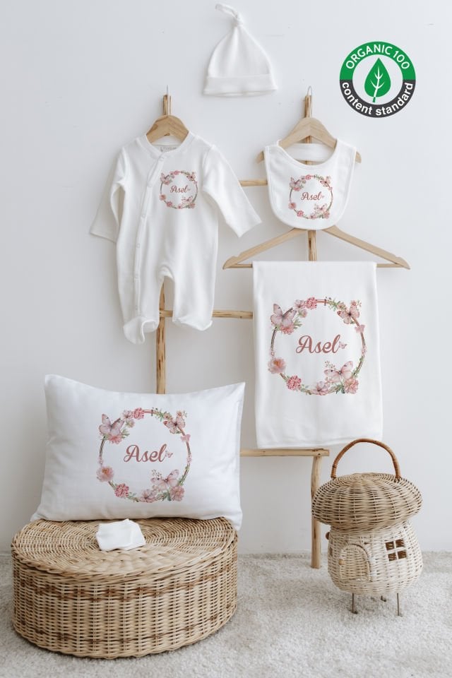 %100 Organik İsme Özel 6lı Hastane Çıkışı Tulum Set Çiçek Çemberi