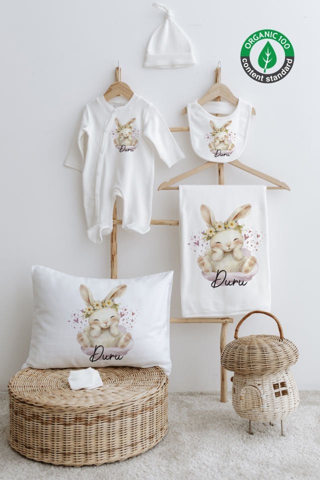 %100 Organik İsme Özel 6lı Hastane Çıkışı Tulum Set Tavşan