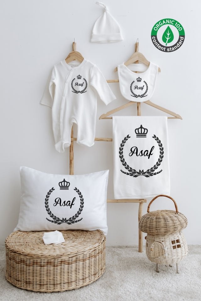 %100 Organik İsme Özel 6lı Hastane Çıkışı Tulum Set Siyah Çelenk