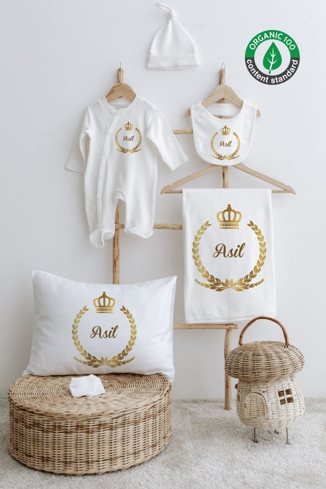 %100 Organik İsme Özel 6lı Hastane Çıkışı Tulum Set Sarı Çelenk